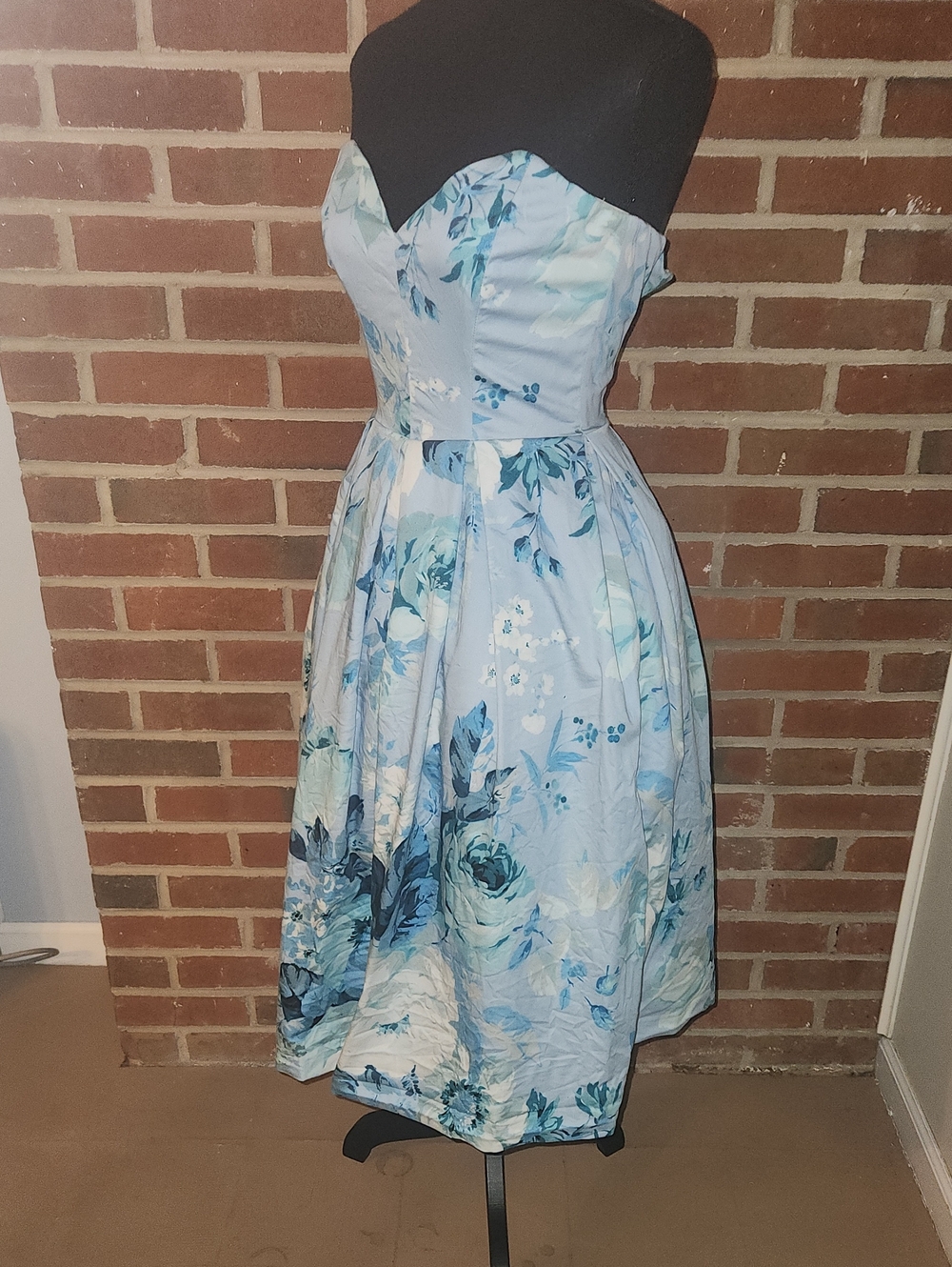 ASOS Strapless Blue Floral Fit-and-Flare Dress, Size 2